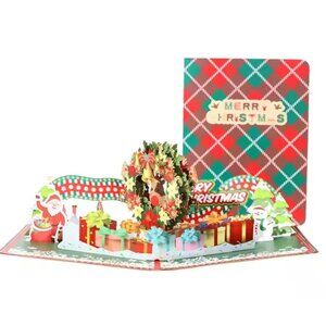 New in Pack Plaid Pattern Cute 3D Pop Up Merry Christmas Card Santa Gifts Wreath